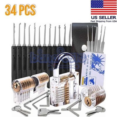 34 Pcs Padlock Unlocking Lock Practice Tool Set for Novice Beginner Locksmith US