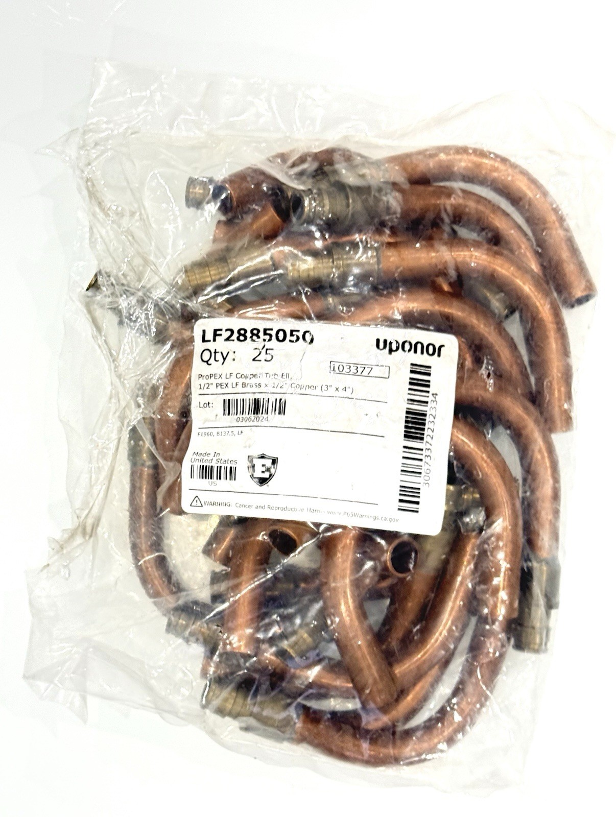 UPONOR LF2885050 PROPEX COPPER TUB ELL,1/2" PEX BRASS X 1/2" COPPER 3/4" QTY 25