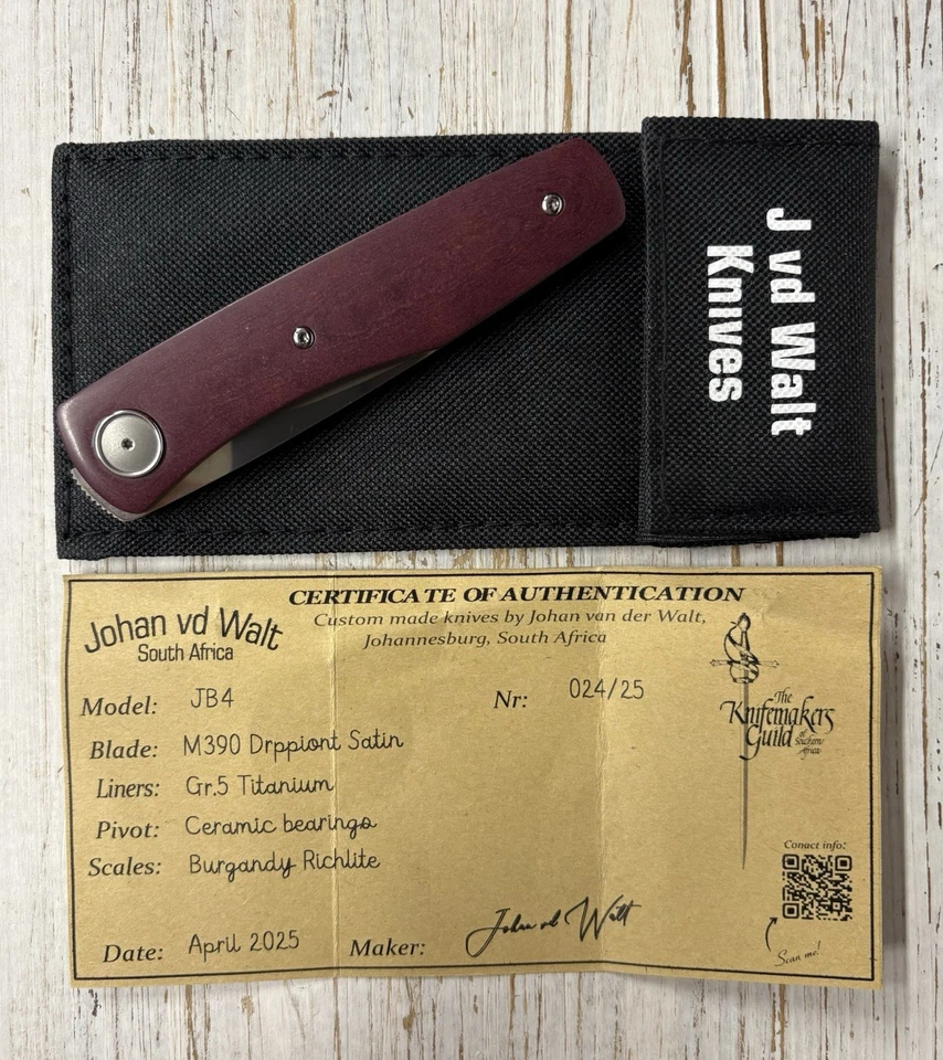 Johan Vd Walt 定制刀具 JB4 前拖鞋勃艮第 Richlite 缎面 M390 DP — 第 3/4 张图片