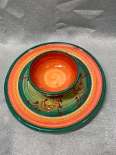 Ceramica El Avion Chip And Dip Plate Embossed green and orangeFiesta Dish Spain
