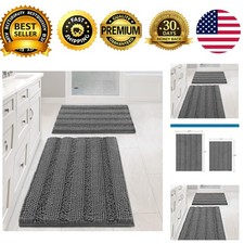 Grey Bathroom Rug Set 2 Piece Bath Mats Non Slip Chenille Striped 20x32 17x24