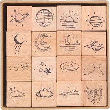 16 Pcs Planet Moon Stars Cloud Wooden Rubber Stamp Set Vintage Planet Moon Cl...