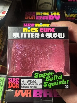 Nee Doh Nice Cube Glitter & Glow Pink Gel Squeeze Ball, Glow in the Dark