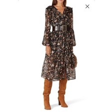 MINKPINK Shiloh Floral Midi Dress Sheer Long Sleeve V Neck Tiered Party