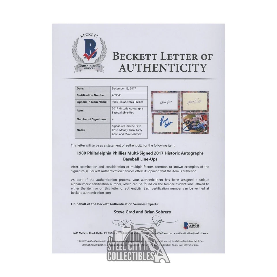 1980 Philadelphia Phillies 2017 Historic Autos Line-Ups Cut Auto Card 2/15 - BAS - Image 2 of 2