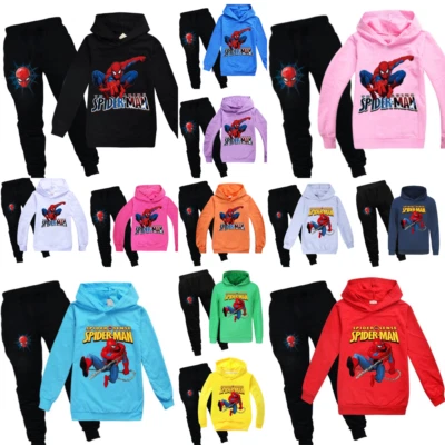 MARKENLOS Kinder Jungen Mädchen Spiderman Freizeit Hoodie Top Hosen Outfits Trainingsanzug