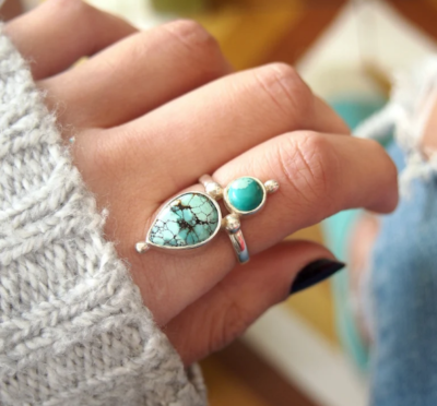 Boho Turquoise Ring Sterling Silver Ring for Women Dual Birthstone