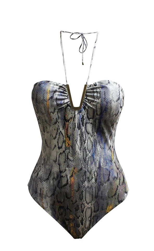 Rachel Roy Womens Grey Snakeskin Hardware Halter One Piece Swimsuit, XS 9532-2 - Image 3 of 4