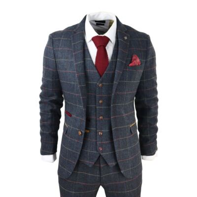 Paul Andrew Thomas - Men's Navy 3 Piece Tweed Check Suit