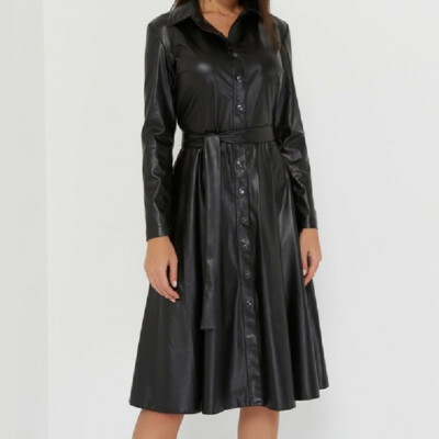 Women A Line Button Front Belt Shirt Dress Faux Leather Lapel Long Sleeves  Dress | eBay