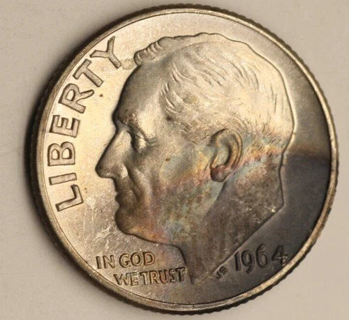 1964 D  Roosevelt  Dime UNC/AU Toning Rainbow 1578