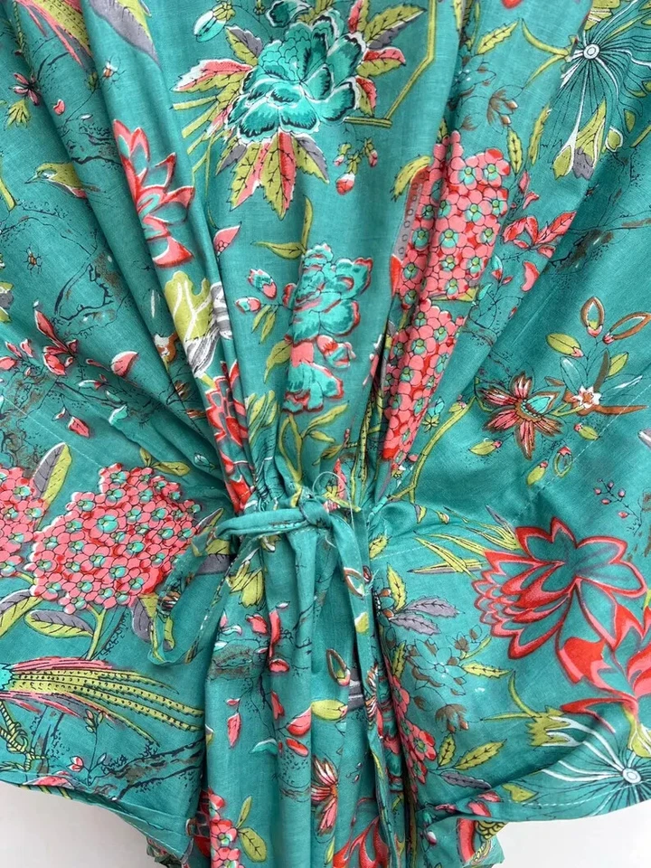 Maxi Vestido Caftán Playa Larga 100% Algodón Indio Vintage Talla Única Caftán Kimono Foto 4 de 4