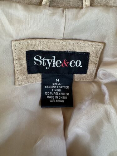Style & Co Beige Genuine Leather Jacket Medium Long Sleeve Front Zip Pockets - Picture 5 of 14