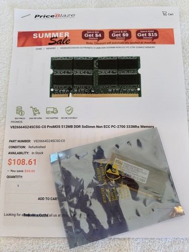 ProMOS V826664G24SCSG-C0 SoDimm 512 MB Laptop Memory NON ECC PC2700U 333 MHz