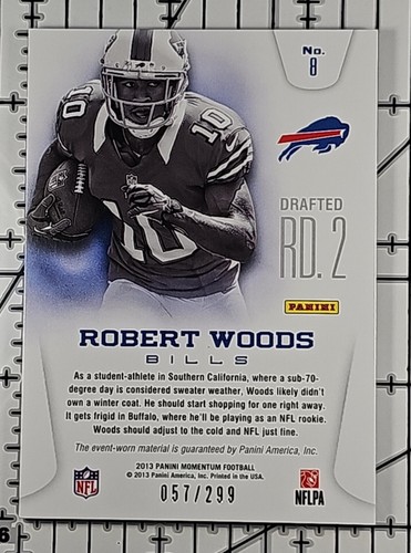 ROBERT WOODS 2013 Momentum Rookie Team Threads Triple Jersey #8 57/299 RC - Picture 2 of 2