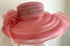 Pink Floral Net Ribbon 16" Formal Kentucky Derby Brim Hat