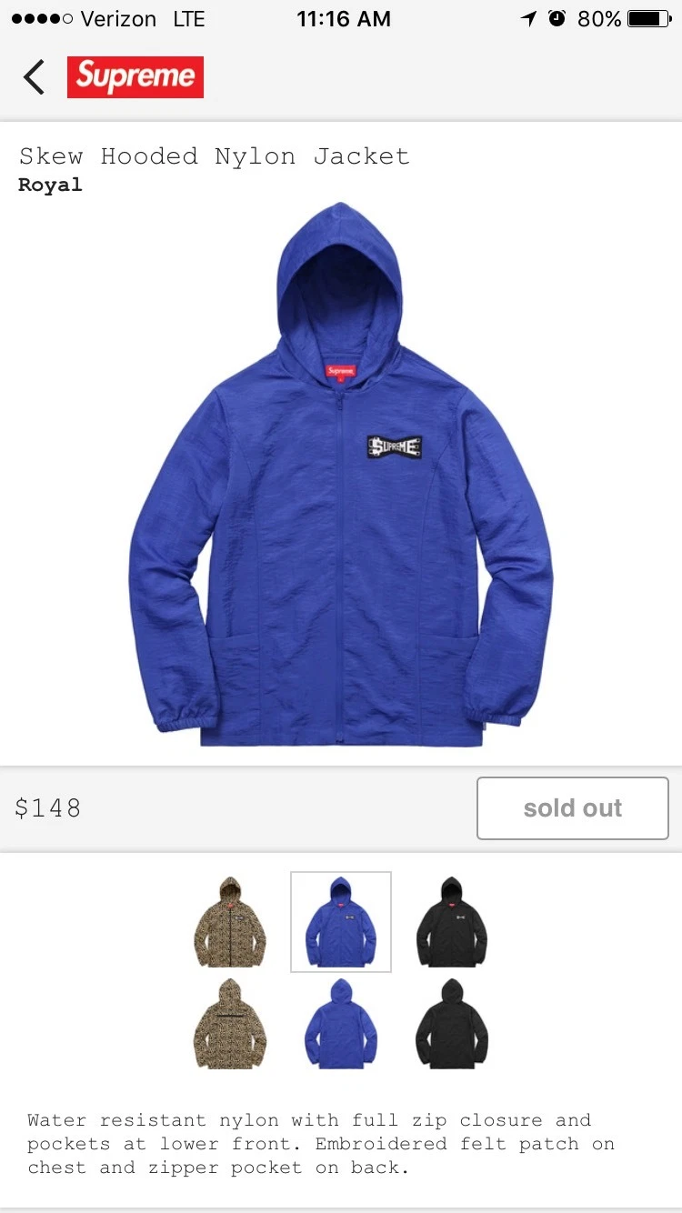 VESTE EN NYLON À CAPUCHE SUPREME SKEW BLEU ROYAL TAILLE GRANDE