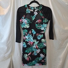 Guess 3/4 Mesh Sleeve Floral Black Caged Bodycon Dress Women's Size S