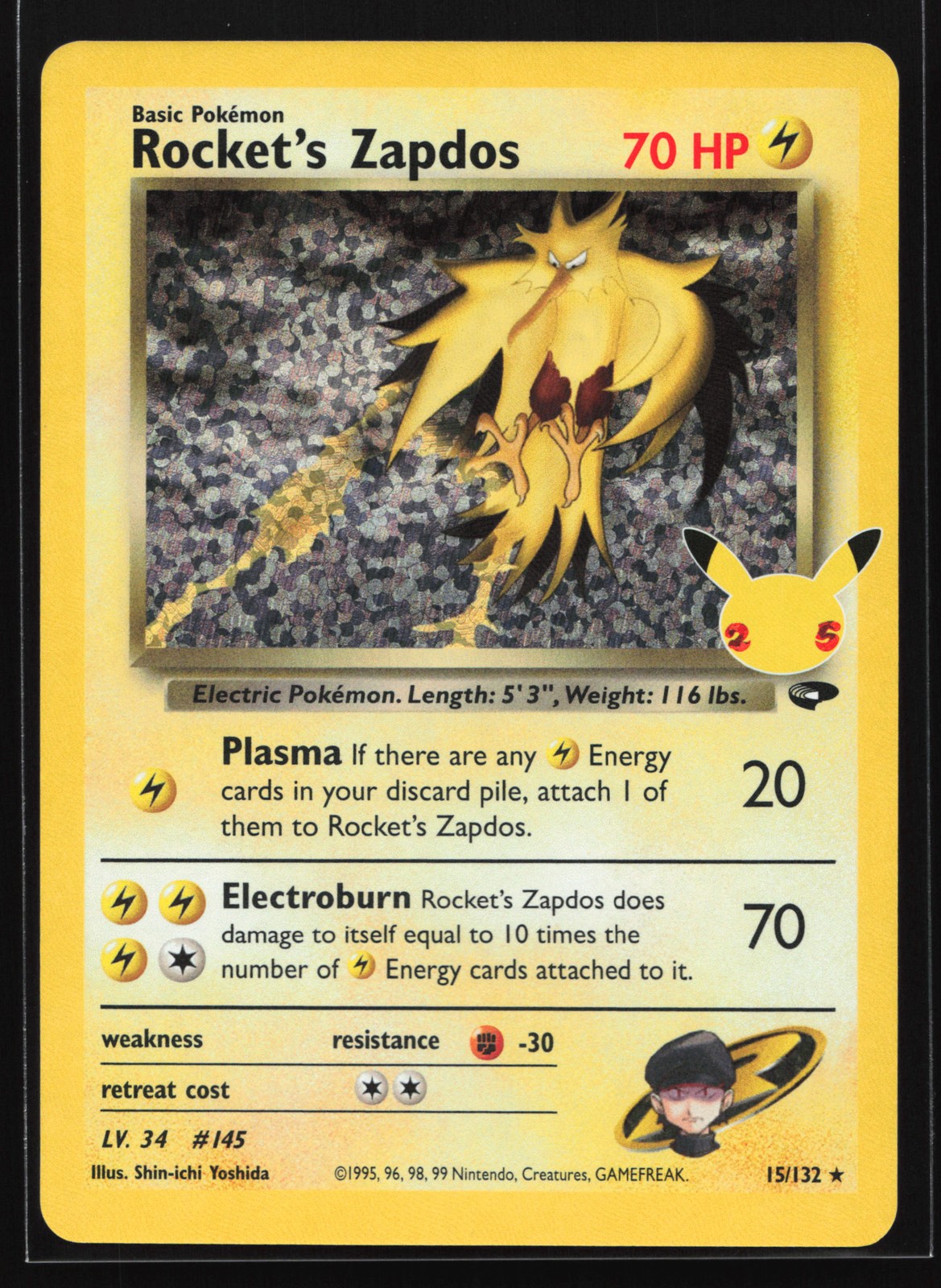 Rocket's Zapdos 15/132 Celebrations: Classic Collection Holo Pokemon Card