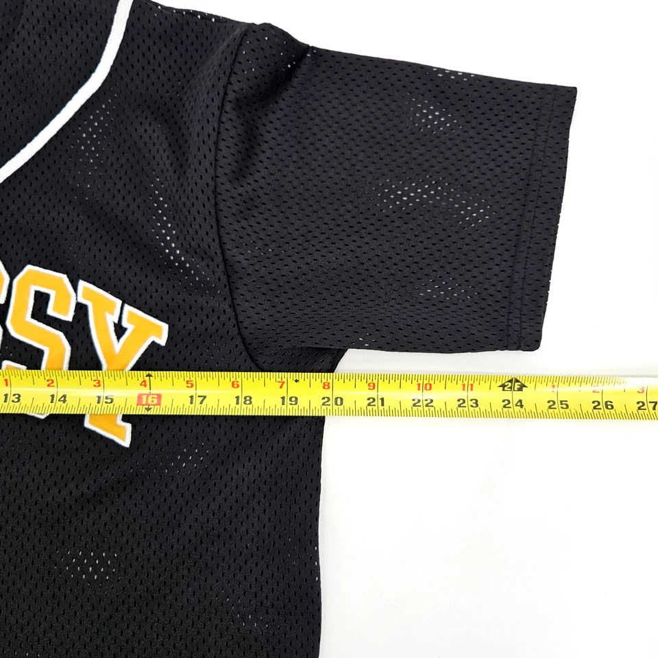 Camiseta de béisbol Stussy International Stitch Spell Out de malla negra amarilla para hombre S Foto 4 de 4