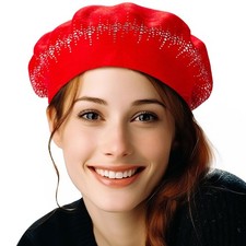 2 Layers Wool Rhinestone Red Beret Hats for Women French Barette Lady Winter ...