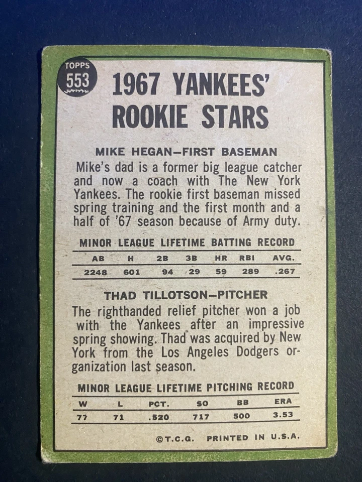 1967 Topps Baseball Hegan/Tillotson Yankees Rookie Stars cartão de alto número #553 - Imagem 2 de 2