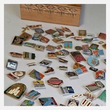 x110 Vintage USSR Soviet Enamel Pin Badges Collection + Wooden Box