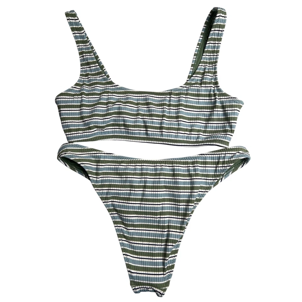 L.A. Conjunto de trajes de baño bikini de dos piezas Hearts S superior e inferior M rayas verdes usado en excelente estado Foto 2 de 4