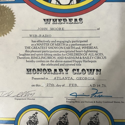 Ringling Brothers And Barnum & Bailey Circus Honorary Certificate John Moore WSB - 第 4/6 張圖片