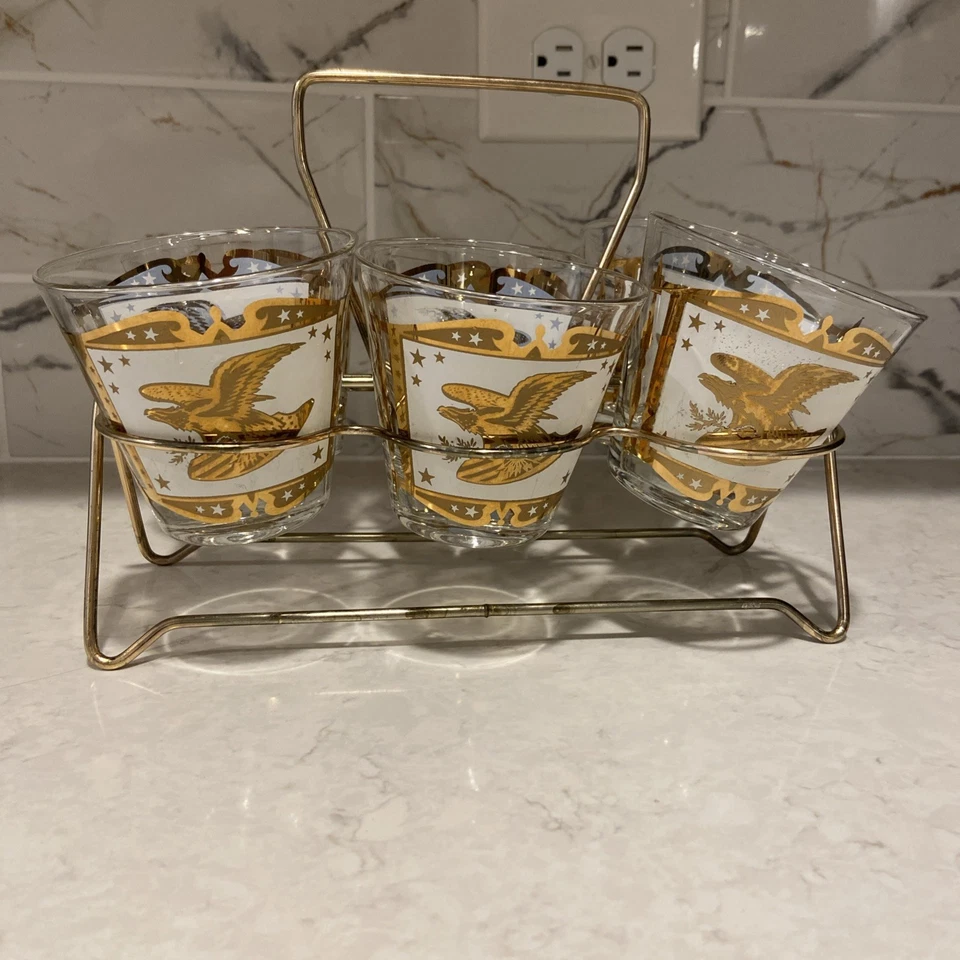 Vtg MCM Gold Trim American Eagle Barware Set Of 6 Old Fashioned W Caddy - Image 3 of 4
