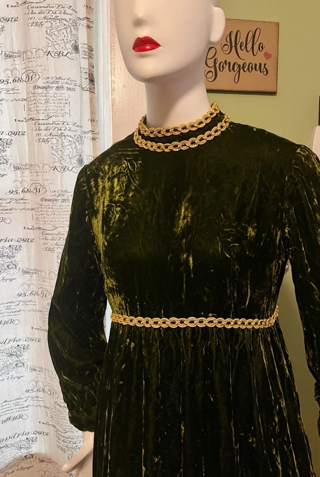 Винтажный 60-х годов Hi шеи хиппи завышенной талией бархата макси Кокетливое платье платье 38 L R & K - Изображение 2 из 4