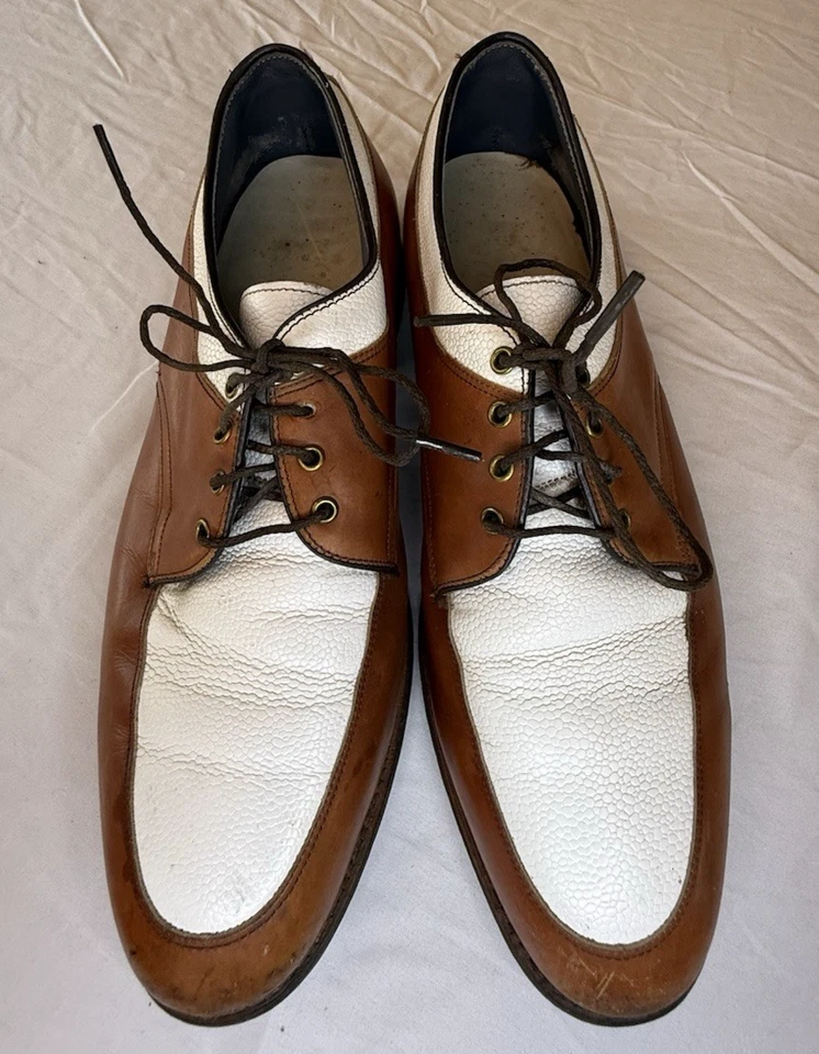 Footjoy Classic 1980's Golf Shoes Men's White Brown 10.5 Spikes Handcrafted USA - Image 2 of 4