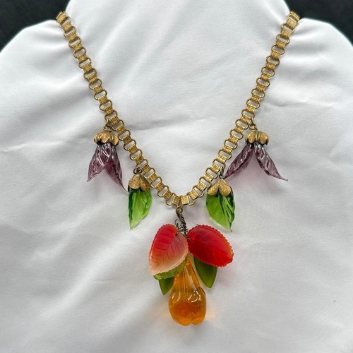 Vintage Fruit Salad Tutti Frutti Lucite Pear Necklace Leaves Gold Tone Chain 18”