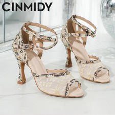Lace Mesh Dance Shoe Women Salsa Tango Latin Cuban High Heels Soft Bottom Shoes