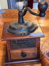 Vintage Wood Colonial Coffee Grinder Mill Hand Crank Black Iron Hand w Wood Knob