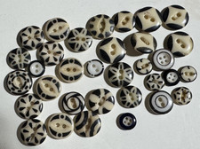 34 Vintage Antique Black & Cream Calico China Buttons Lot Geometric Designs