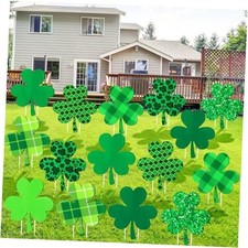24 Pcs St. Patrick's Day Yard Signs Waterproof Shamrock Yard Signs Green Plaid