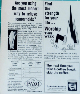 Vintage 1964 Multi-Ad Pazo Hemorrhoid Suppository Herb-Ox Bouillon Religion USA