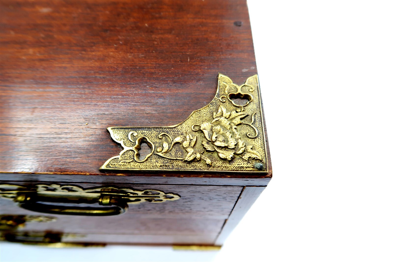 Vintage Japanese Wooden Jewelry Box with Brass Hardware 4 Drawer 15