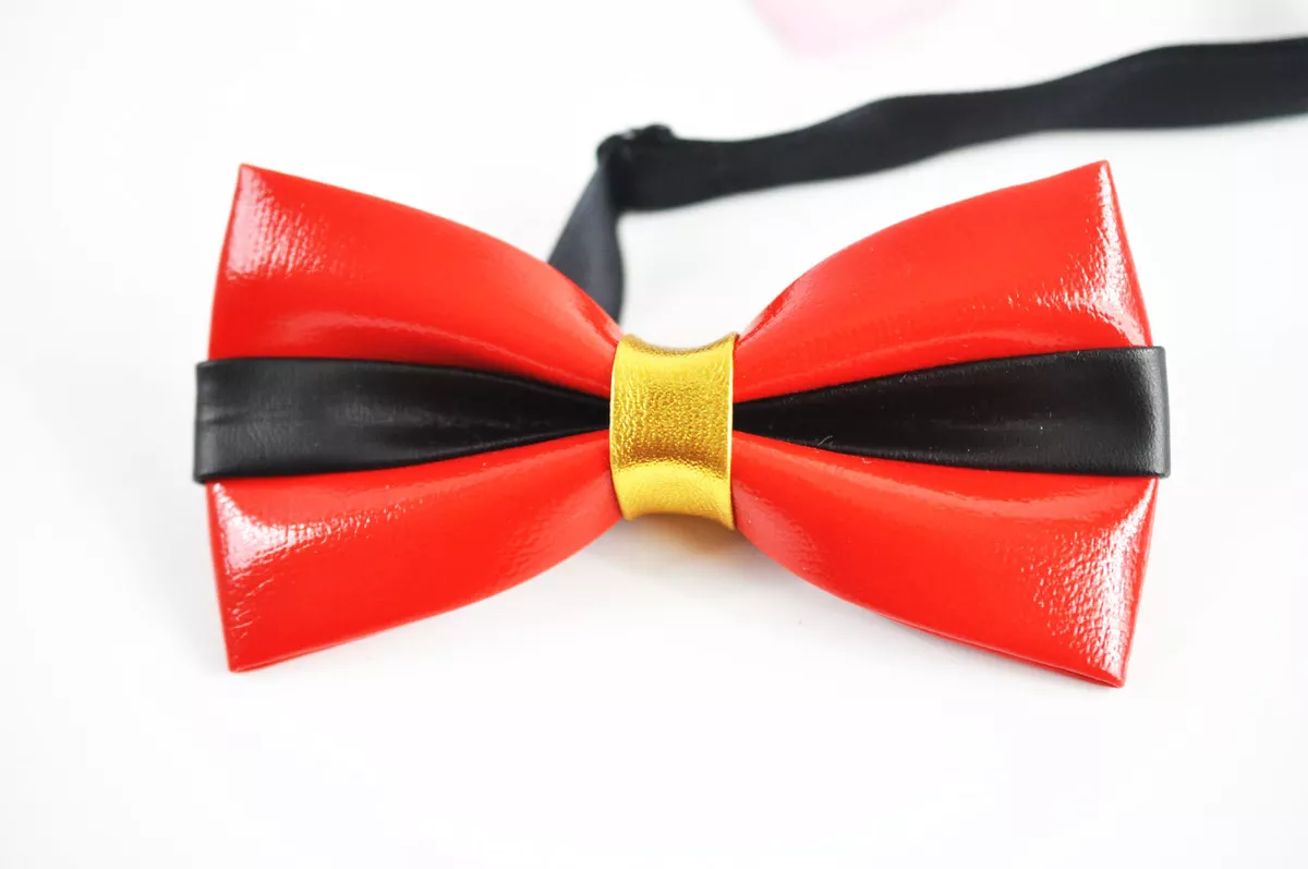 Mens PVC Faux Leather Gold Bright Red Shining Bow Tie Bowties Wedding Party