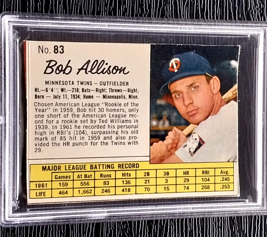 1962 JELL-O BOB ALLISON SP BASEBALL CARD #83 HAND CUT ****RARE**** PSA AUTHENTIC - Image 2 of 4