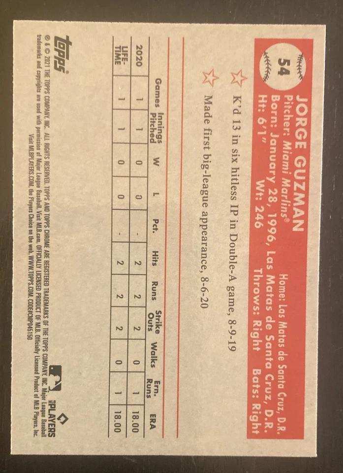 Jorge Guzman 2021 Topps Chrome Platinum #54 Aqua Refractor RC Miami Marlins - Image 2 of 2