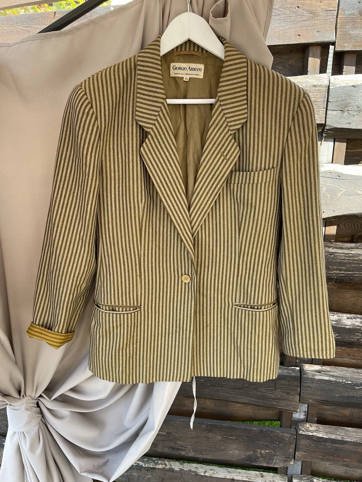 80’s Giorgio Armani Vintage Cocktail Striped Blazer Wool Yellow /green 44 R - Image 2 of 4