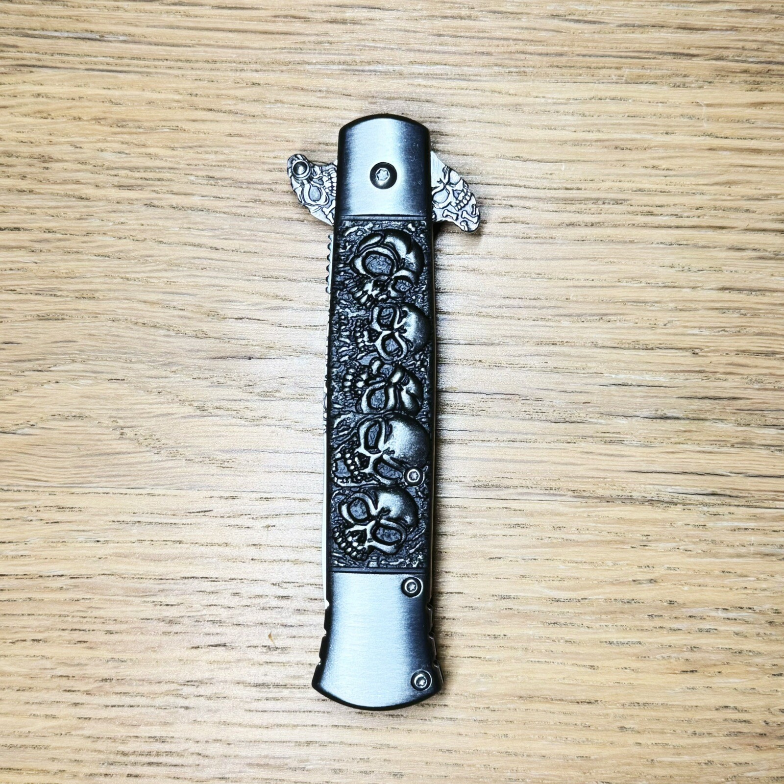 9" Skull Silver Stone Spring Assisted Folding Pocket Stiletto Needle Knife Blade