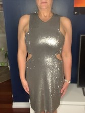 Halston Heritage Pewter Silver SEQUIN Cut Out Dress- size 10