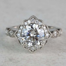 2.Ct Round Cut White Moissanite Art Deco Engagement Ring 14K White Gold Size 8.5