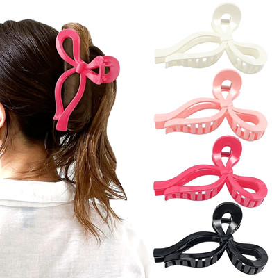 4 Pc Large Ribbon Bow Hair Claw Clips Women & Girl's Hair Acc White Black & Pink