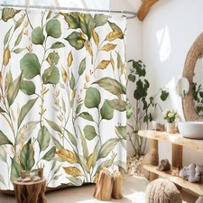 Gold Green Plant Leaves Shower Curtain Set Modern Fabric with Hooks 60x72 inch