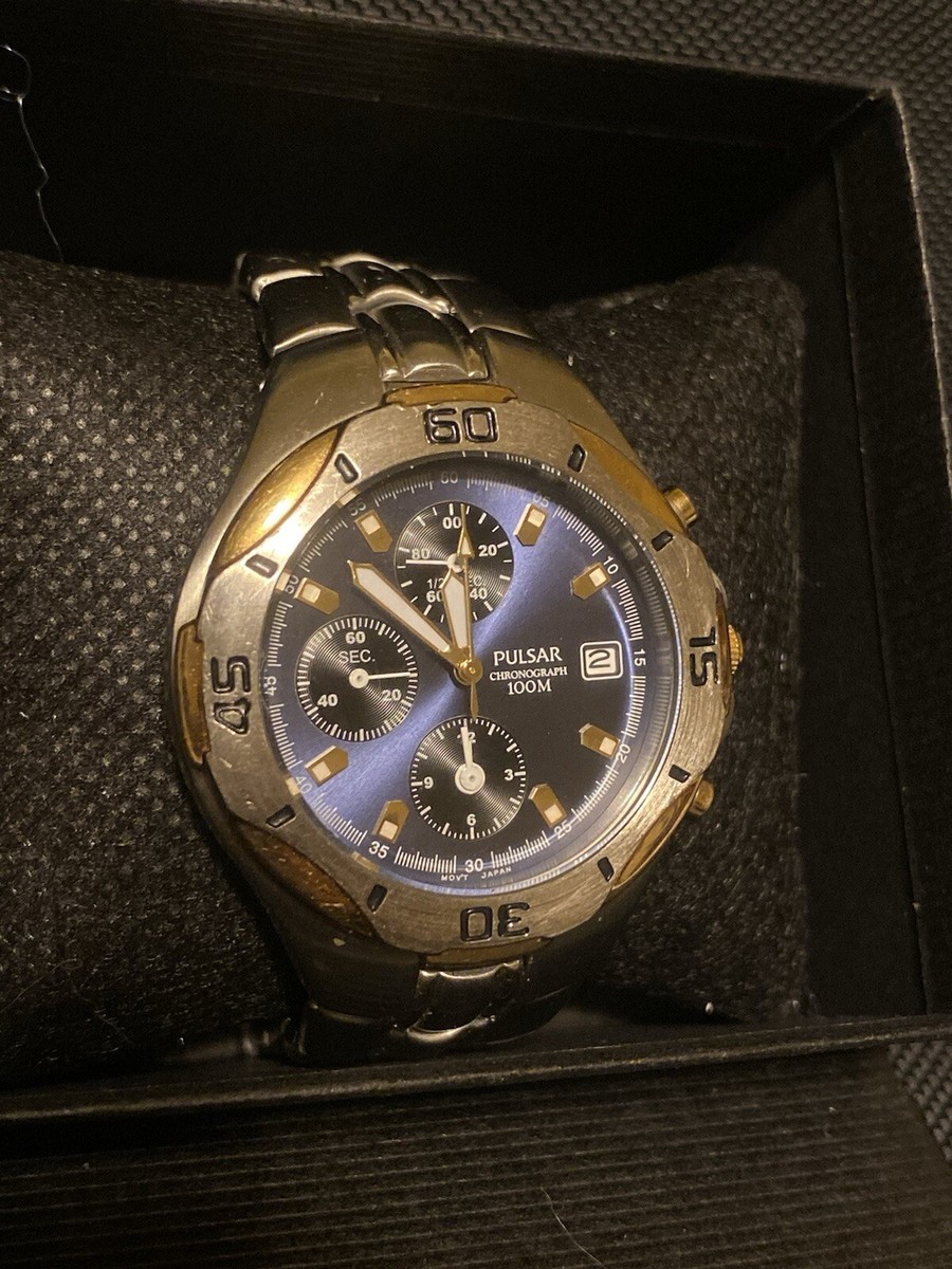 RARE PULSAR By SEIKO Chronograph Blue & Gold Tone 38MM YM92