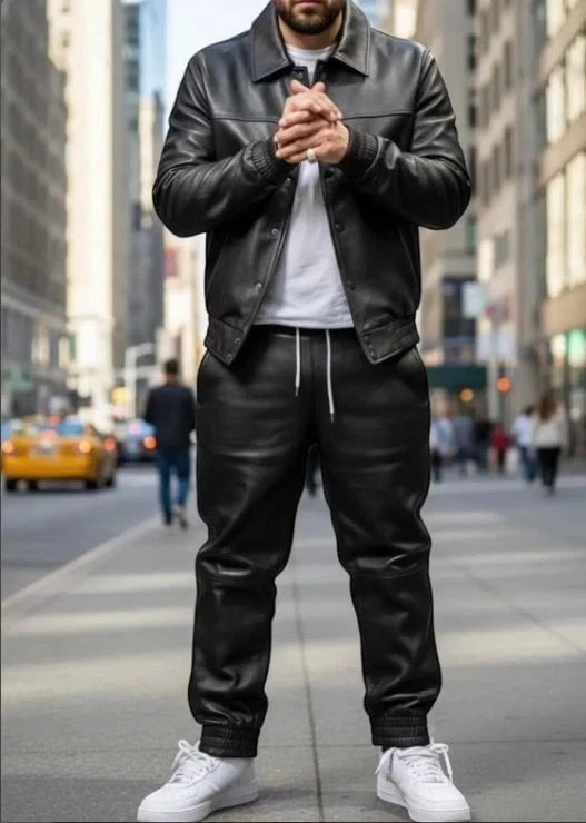 Men's Real Leather Track Suit Sweat Suit Black & White Men Jogging Tracksuit